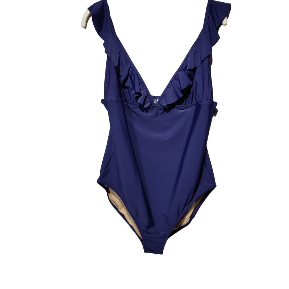 J. Crew Women's Sz XL Navy Ruffle Shoulder V Neck Swimsuit One Piece Adjustable